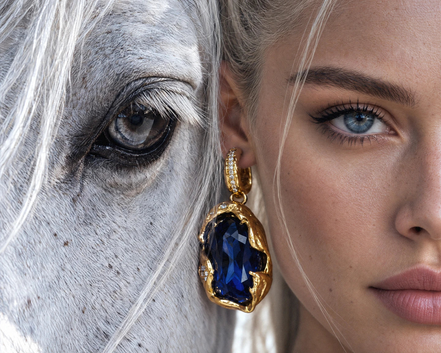 Ilene Joy Rock Candy campaign: a model wearing a blue gemstone drop earring beside a white horse