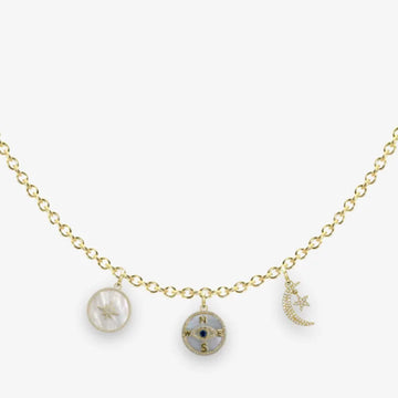Circle chain, Petite: Compass Medallion, Starlit Crescent Charm, Mother of Pearl North Star Medallion