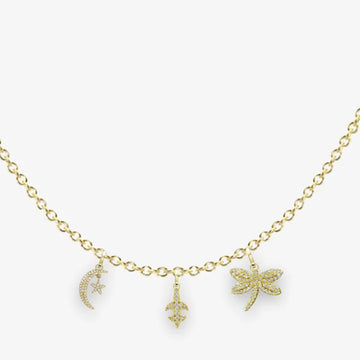 Circle chain, Petite: Fleur De Lis Charm, Dragonfly Charm, Starlit Crescent Charm