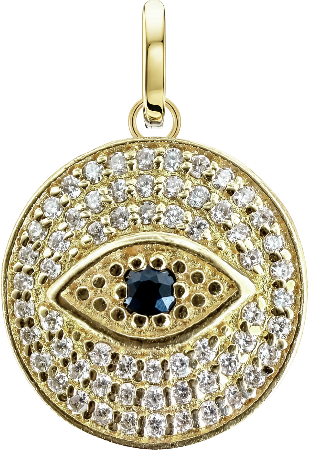 Protective Eye Medallion in yellow gold with pavé diamonds and a sapphire