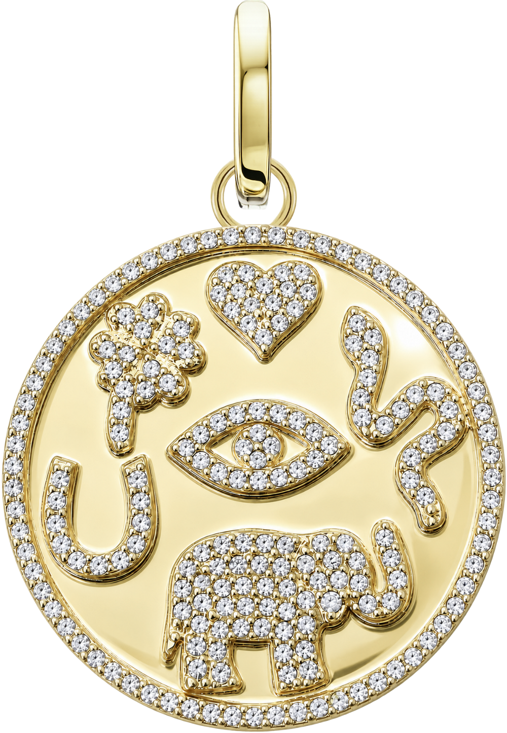 Guardian Symbols Medallion in yellow gold with a hamsa, eye, heart and elephant