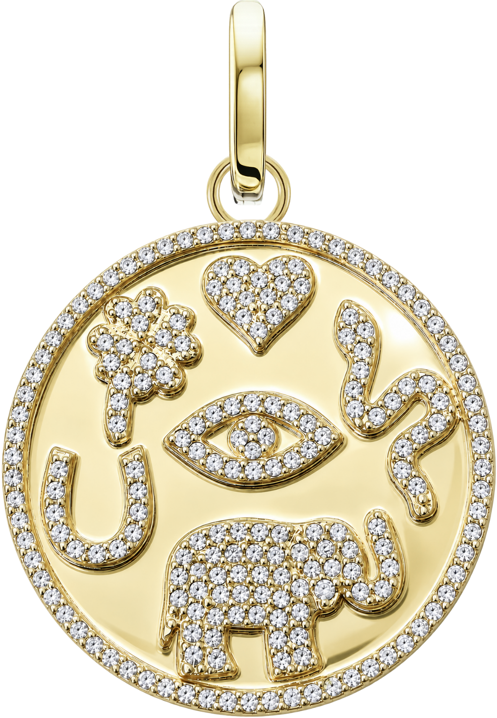 Guardian Symbols Medallion in yellow gold with a hamsa, eye, heart and elephant
