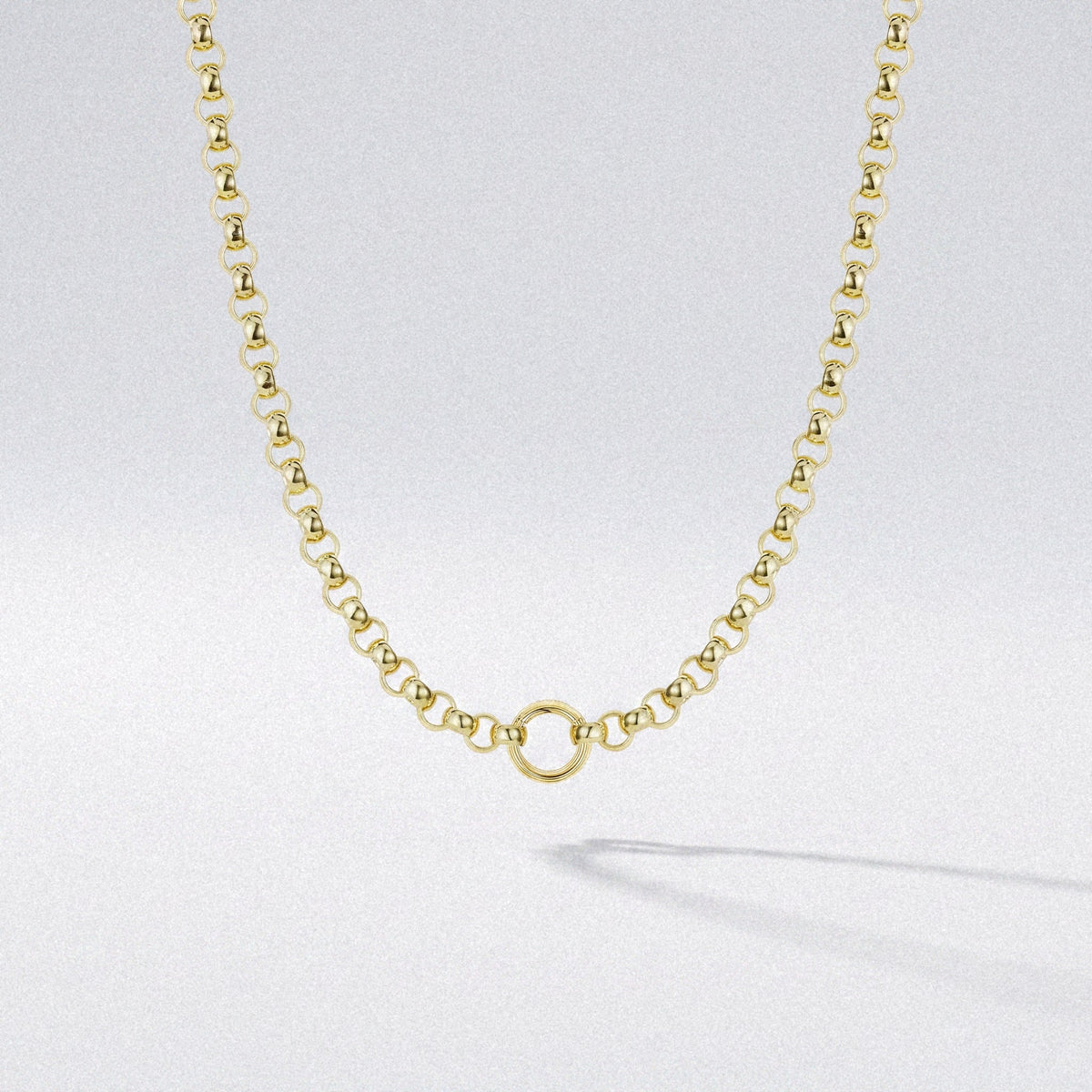 Rolo chain necklace in solid yellow gold with a diamond centre ring