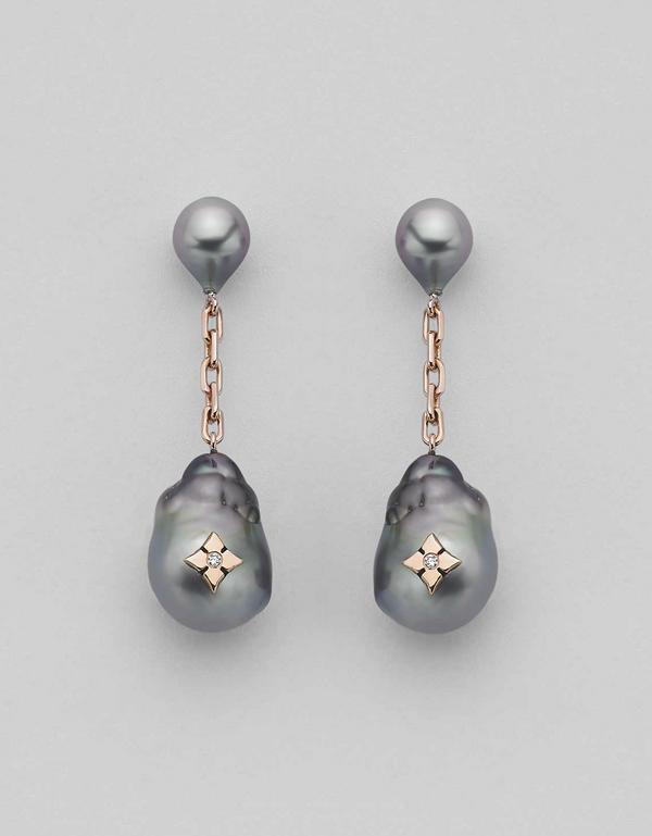 BALL AND CHAIN TAHITIAN PEARL CLOVER INLAY EARRINGS