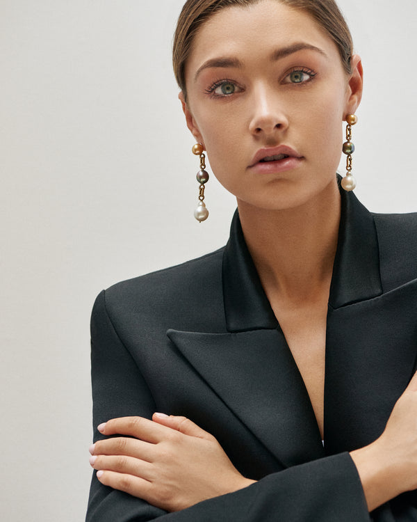 Ball and Chain Tri Color Pearl Earrings