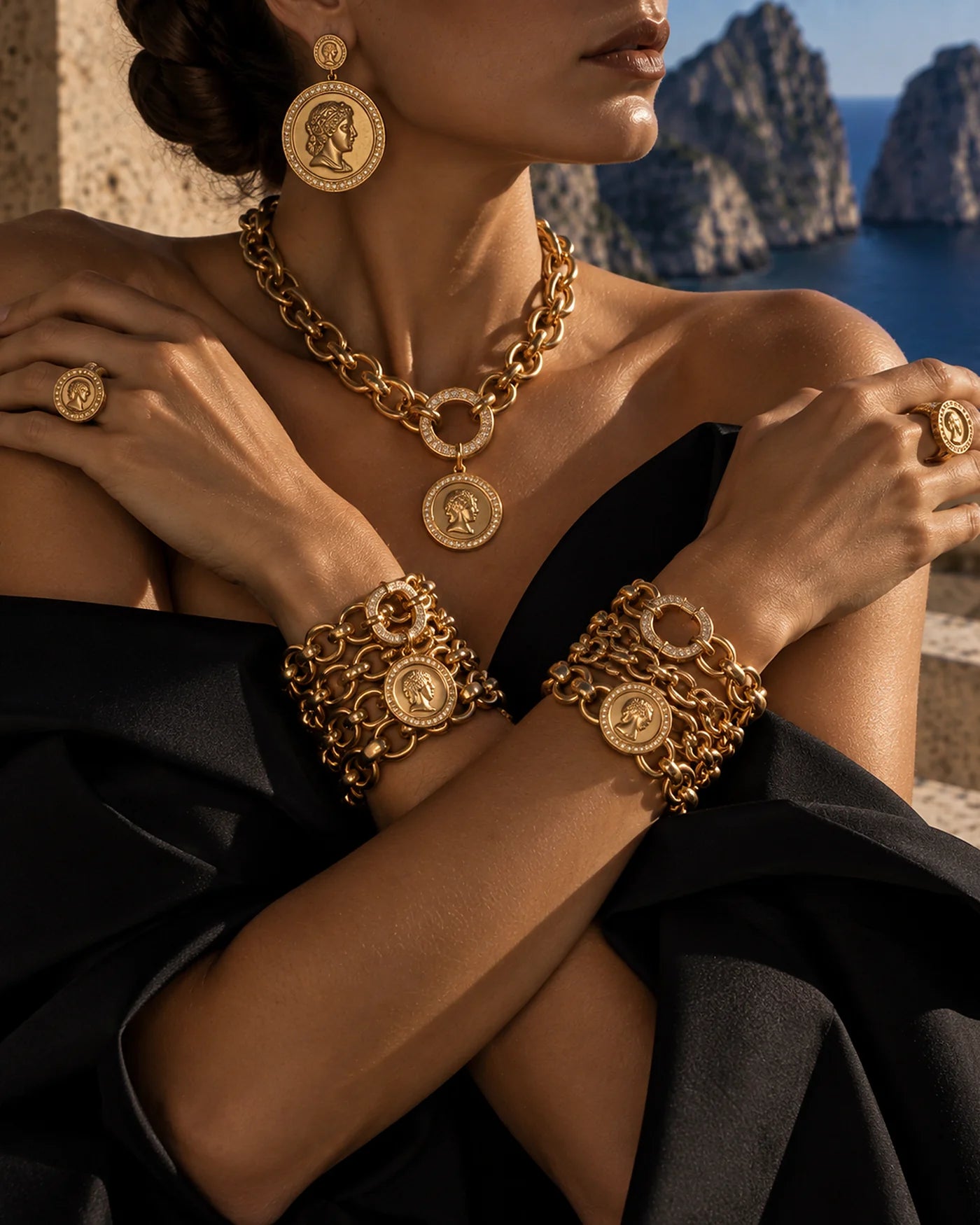 A woman wearing gold coin jewellery on the Greek coast