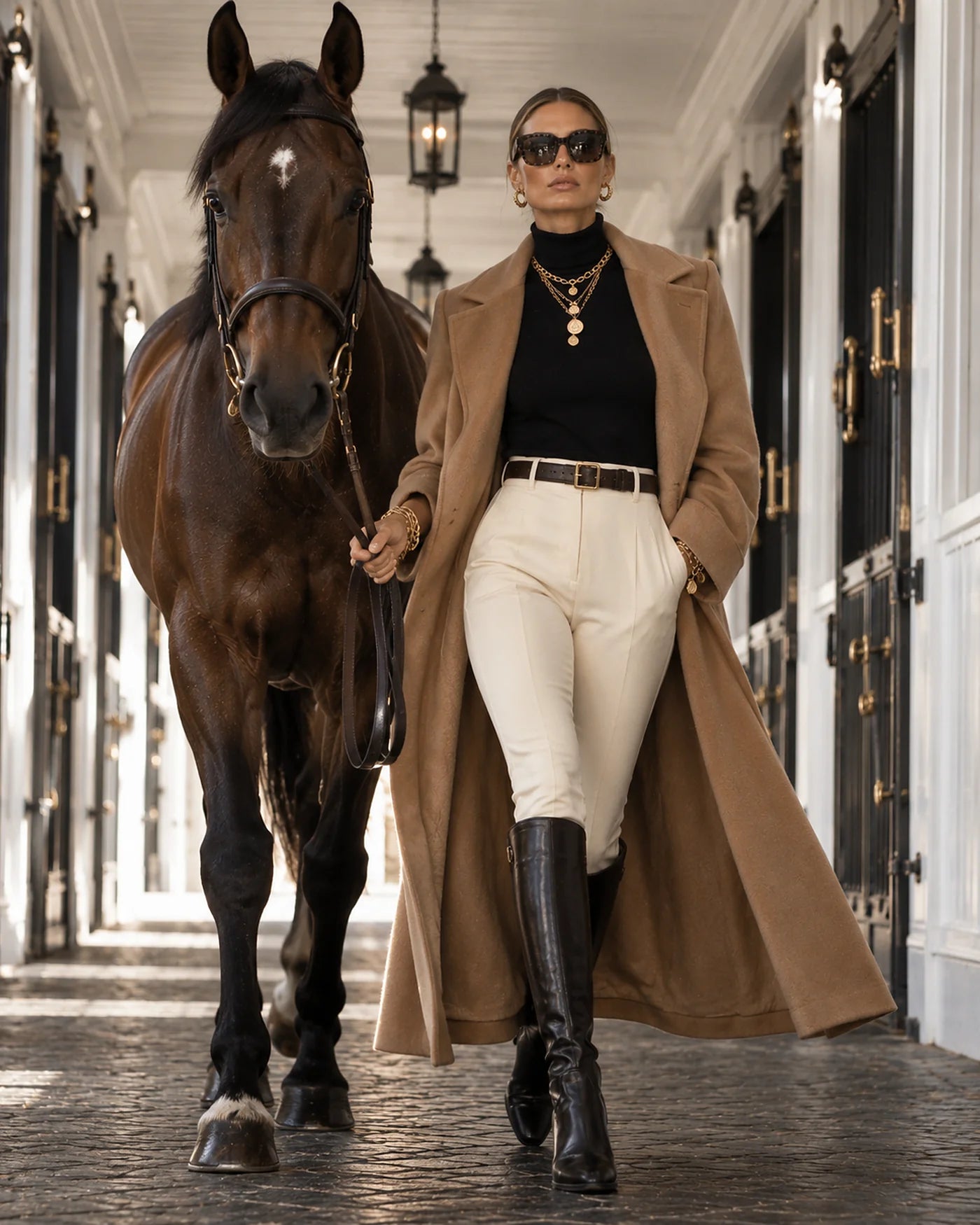 A woman wearing layered Ilene Joy jewellery beside a horse