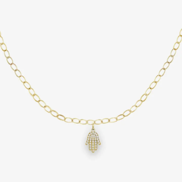 Keepsake: Oval chain, Petite, 14K yellow, Glittering Hamsa charm
