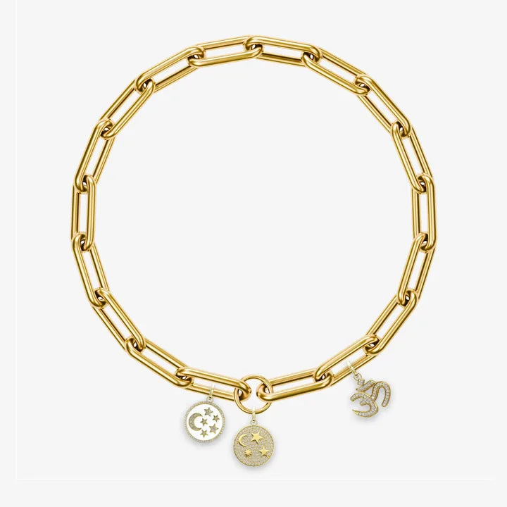 Night Sky: Paperclip chain bracelet, Standard, 14K yellow, Magic Middle, Galaxy Medallion, Celestial Enamel Medallion, Celestial Om charm