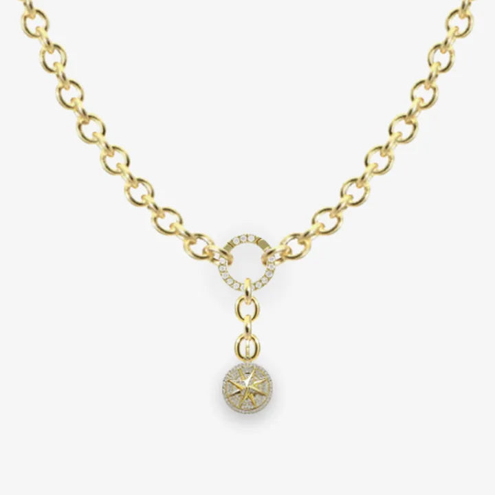 True North: Circle chain, Standard, 14K yellow, Pav&eacute; Magic Middle, lariat, North Star Medallion