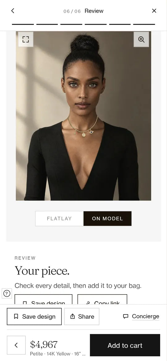 The builder on a phone: the finished necklace shown on a model, with the total and Add to cart