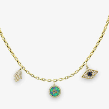 Box chain, Petite: Mystic Opal Eye Medallion, Sapphire Protective Eye Charm, Glittering Hamsa Charm